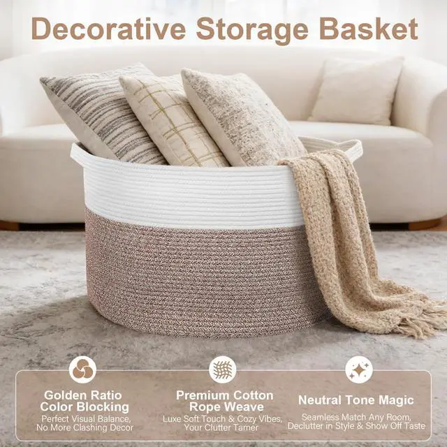 Alt view image 3 of 7 - 90L Extra Large Blanket Basket for Living Room - Cotton Rope Laundry Hamper Woven Baskets XXL Storage Bin with Handles for Dirty Clothes, Kids, Pets, Toys, Bedroom, 23'' x 23'' x 13'', White & Brown