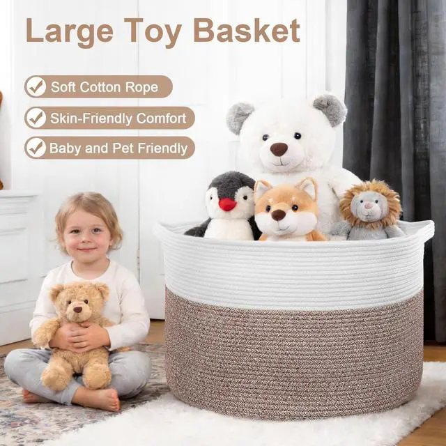 Alt view image 4 of 7 - 90L Extra Large Blanket Basket for Living Room - Cotton Rope Laundry Hamper Woven Baskets XXL Storage Bin with Handles for Dirty Clothes, Kids, Pets, Toys, Bedroom, 23'' x 23'' x 13'', White & Brown