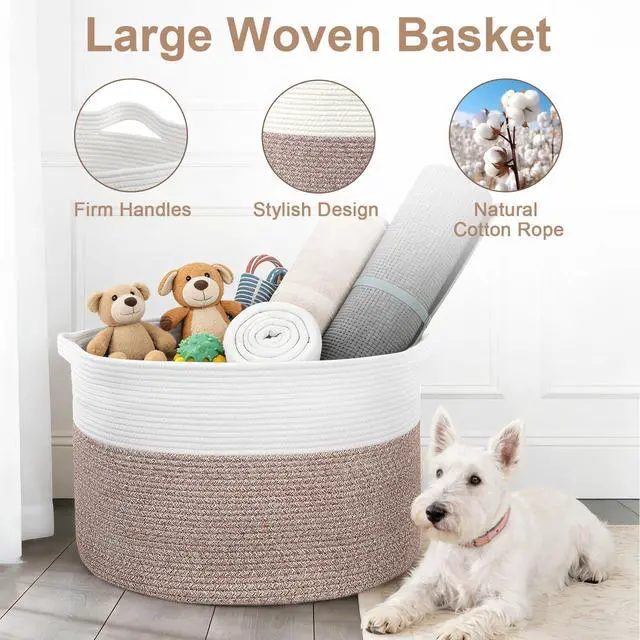 Alt view image 5 of 7 - 90L Extra Large Blanket Basket for Living Room - Cotton Rope Laundry Hamper Woven Baskets XXL Storage Bin with Handles for Dirty Clothes, Kids, Pets, Toys, Bedroom, 23'' x 23'' x 13'', White & Brown