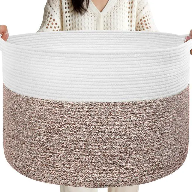 Main image of 90L Extra Large Blanket Basket for Living Room - Cotton Rope Laundry Hamper Woven Baskets XXL Storage Bin with Handles for Dirty Clothes, Kids, Pets, Toys, Bedroom, 23'' x 23'' x 13'', White & Brown