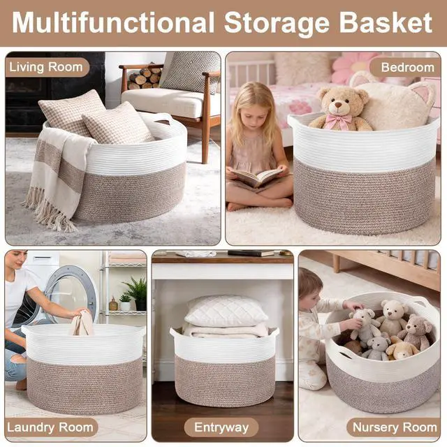 Alt view image 6 of 7 - 90L Extra Large Blanket Basket for Living Room - Cotton Rope Laundry Hamper Woven Baskets XXL Storage Bin with Handles for Dirty Clothes, Kids, Pets, Toys, Bedroom, 23'' x 23'' x 13'', White & Brown