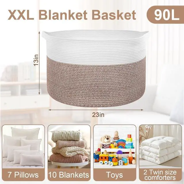 Alt view image 2 of 7 - 90L Extra Large Blanket Basket for Living Room - Cotton Rope Laundry Hamper Woven Baskets XXL Storage Bin with Handles for Dirty Clothes, Kids, Pets, Toys, Bedroom, 23'' x 23'' x 13'', White & Brown