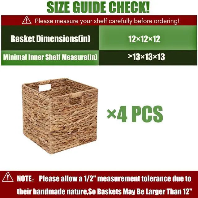 Alt view image 2 of 6 - 12x12in Storage Baskets Set of 4 Water Hyacinth Baskets,Foldable Handwoven Storage Cubes,Wicker Cube Baskets Laundry Organizer Totes for Home