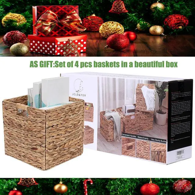 Alt view image 4 of 6 - 12x12in Storage Baskets Set of 4 Water Hyacinth Baskets,Foldable Handwoven Storage Cubes,Wicker Cube Baskets Laundry Organizer Totes for Home