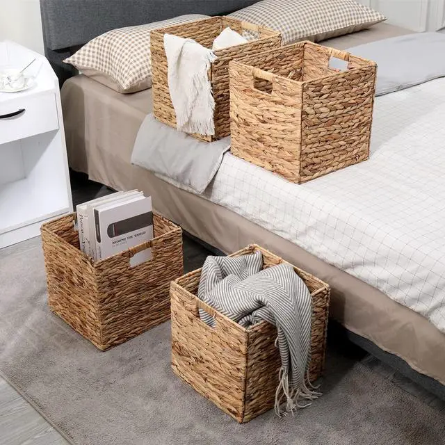 Alt view image 6 of 6 - 12x12in Storage Baskets Set of 4 Water Hyacinth Baskets,Foldable Handwoven Storage Cubes,Wicker Cube Baskets Laundry Organizer Totes for Home