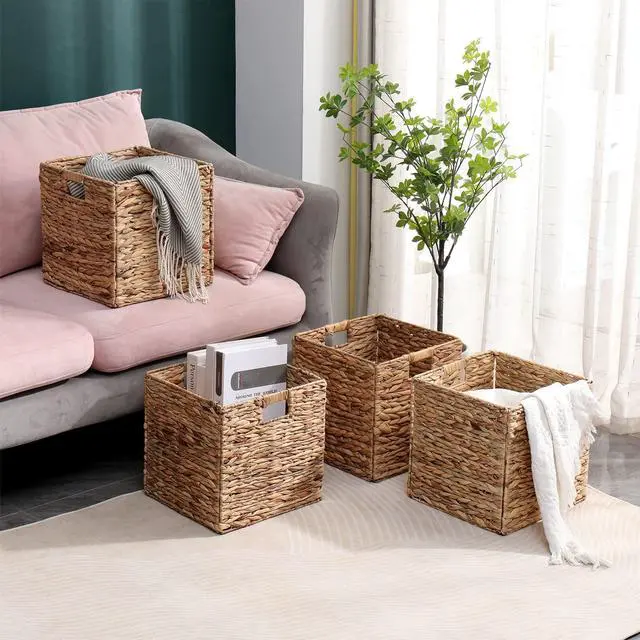 Alt view image 5 of 6 - 12x12in Storage Baskets Set of 4 Water Hyacinth Baskets,Foldable Handwoven Storage Cubes,Wicker Cube Baskets Laundry Organizer Totes for Home