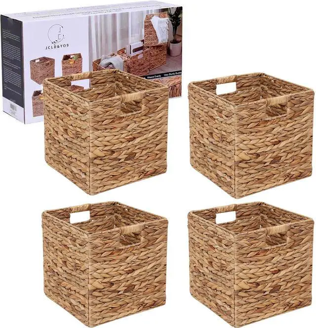 Main image of 12x12in Storage Baskets Set of 4 Water Hyacinth Baskets,Foldable Handwoven Storage Cubes,Wicker Cube Baskets Laundry Organizer Totes for Home