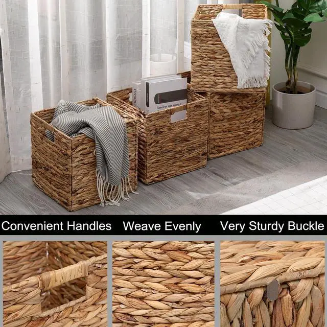Alt view image 3 of 6 - 12x12in Storage Baskets Set of 4 Water Hyacinth Baskets,Foldable Handwoven Storage Cubes,Wicker Cube Baskets Laundry Organizer Totes for Home