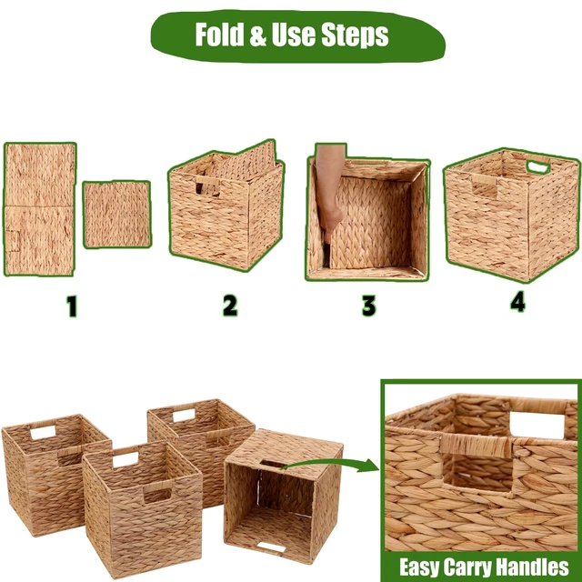 Alt view image 4 of 6 - 11x11in Storage Baskets 4 Pcs Storage Bins for Shelves,Laundry Organizers | 4 Baskets in One Nice Box-Handwoven Water Hyacinth Baskets,Foldable Storage Baskets With Carry Handles