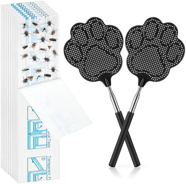 Main image of 2 Pack Black Fly Swatter for Indoors with 10 Clear XL Window Fly Traps, Retractable Flyswatter with Stainless Steel Handle, Heavy Duty Flyswatter Manual for House, Kitchen and Outdoors