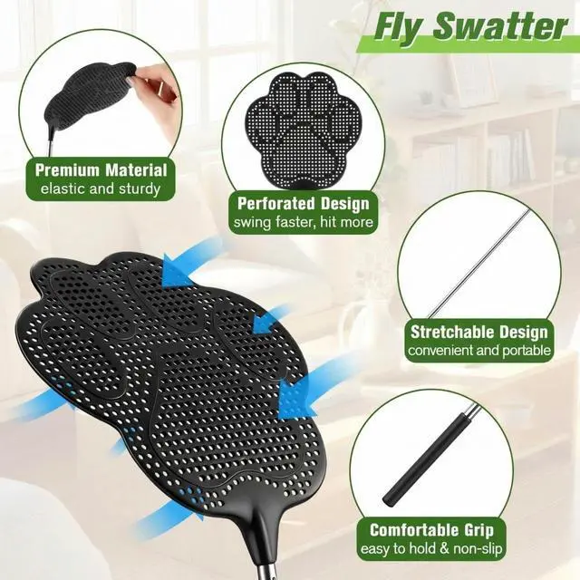 Alt view image 3 of 7 - 2 Pack Black Fly Swatter for Indoors with 10 Clear XL Window Fly Traps, Retractable Flyswatter with Stainless Steel Handle, Heavy Duty Flyswatter Manual for House, Kitchen and Outdoors