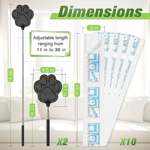 Alt view image 2 of 7 - 2 Pack Black Fly Swatter for Indoors with 10 Clear XL Window Fly Traps, Retractable Flyswatter with Stainless Steel Handle, Heavy Duty Flyswatter Manual for House, Kitchen and Outdoors