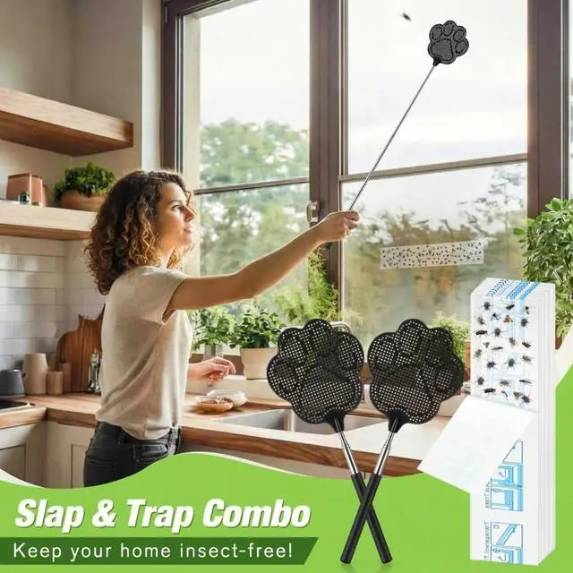 Alt view image 7 of 7 - 2 Pack Black Fly Swatter for Indoors with 10 Clear XL Window Fly Traps, Retractable Flyswatter with Stainless Steel Handle, Heavy Duty Flyswatter Manual for House, Kitchen and Outdoors