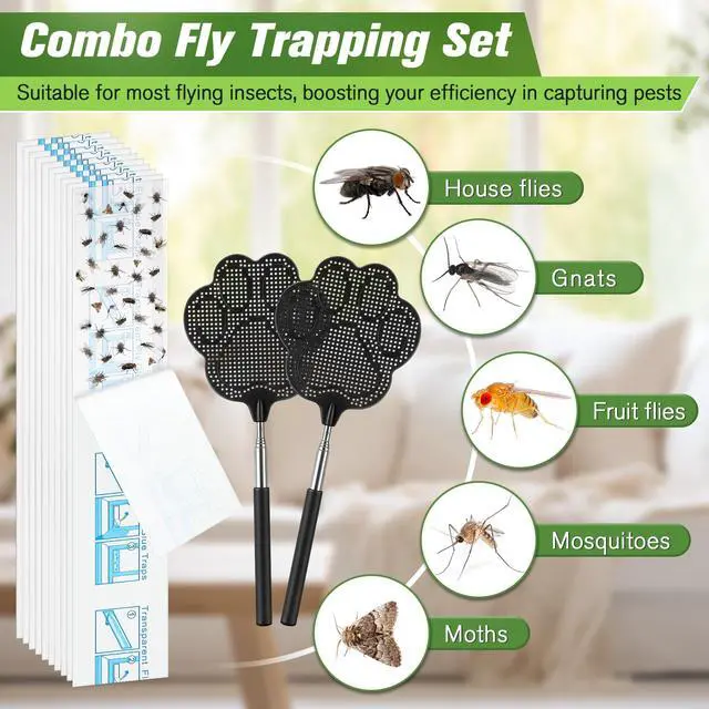 Alt view image 6 of 7 - 2 Pack Black Fly Swatter for Indoors with 10 Clear XL Window Fly Traps, Retractable Flyswatter with Stainless Steel Handle, Heavy Duty Flyswatter Manual for House, Kitchen and Outdoors