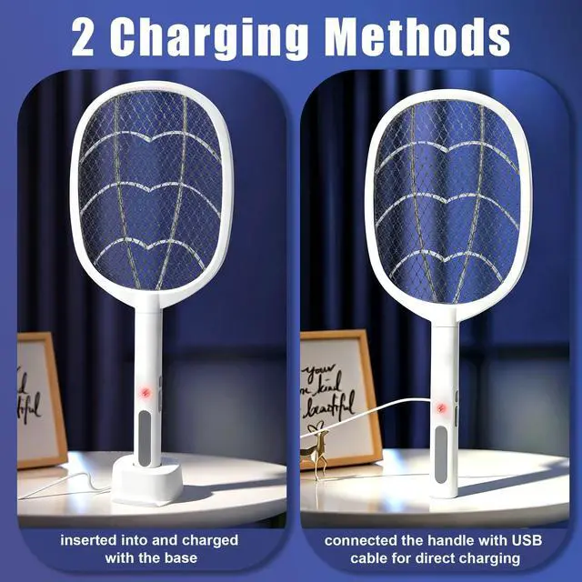 Alt view image 5 of 7 - 2-in-1 Electric Bug Zapper Racket, 2 Pack 3000V High Voltage LED Lighted Handheld Mosquito Swatter with 3 Layer Safety Mesh, USB Charging Portable Fly Killer Racquet
