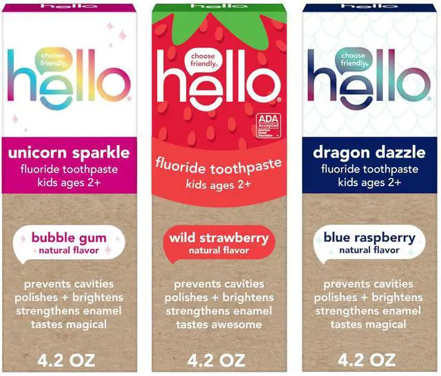 Main image of Kids Fluoride Toothpaste Variety Pack, Includes a Strawberry Toothpaste, Unicorn Bubble Gum Toothpaste, and Blue Raspberry Toothpaste, Safe for Ages 2 and Up, 3 Pack, 4.2 Oz Each