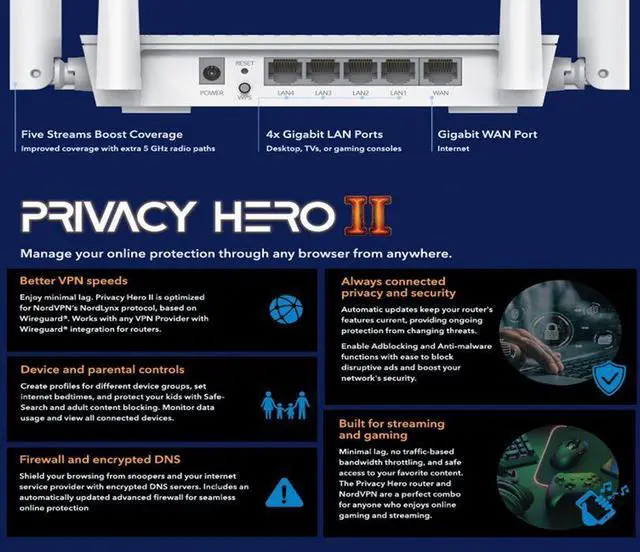 Alt view image 2 of 2 - Privacy Hero 2 WiFi 6 VPN Router with 1 Year NordVPN + 1 Year Privacy Premium Included, Whole-Home VPN Protection, Streaming Relocation, Parental Controls, Ad & Malware Blocking