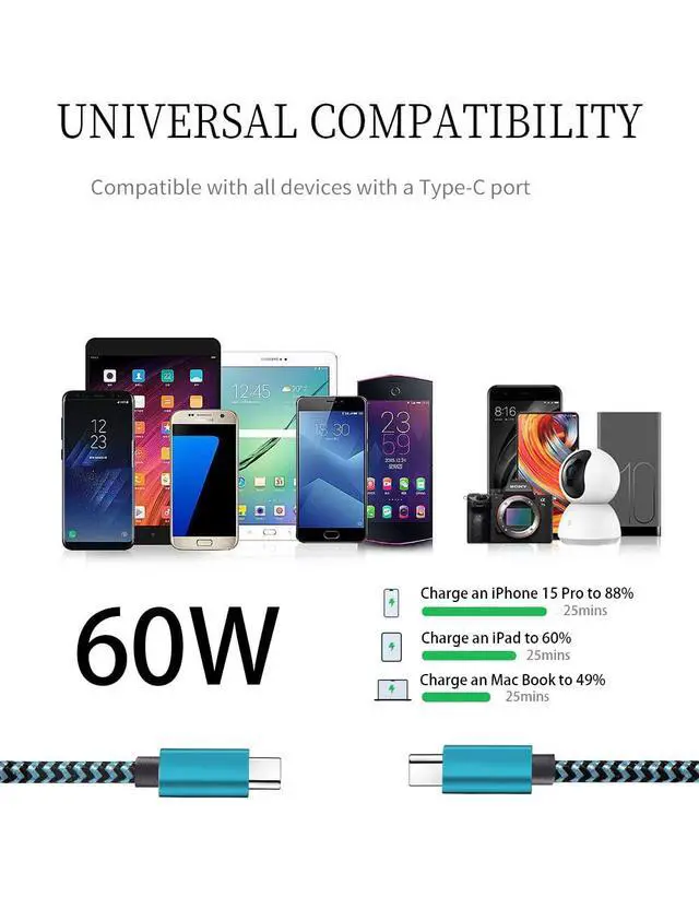 Alt view image 6 of 7 - Type C Cable Fast Charging, Tpc002 3 Pack(3Ft/0.9M 60W) C to Type C Charger Nylon Braided Cord Compatible with iPhone 17/17 pro, 16/16 pro, MacBook, Samsung Galaxy S25/24/23/22, for Daily Use