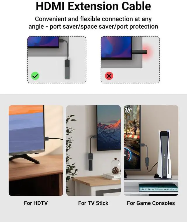 Alt view image 2 of 7 - 4K HDMI Extension Cable, Male to Female Adapter Short HDMI Extender, Support 4K@60Hz 3D Compatible with Google Chrome Cast, Roku Stick, HDTV, Laptop and PC, 5.5 Inches