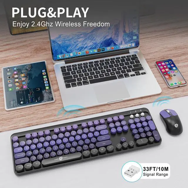 Alt view image 7 of 7 - Wireless Keyboard and Mouse Combo - 2.4G Full-Sized Cute Colorful Mouse and Keyboard with 104 Round Keys Retro Typewriter Keyboard for Laptop/Windows/PC - Purple Gradient