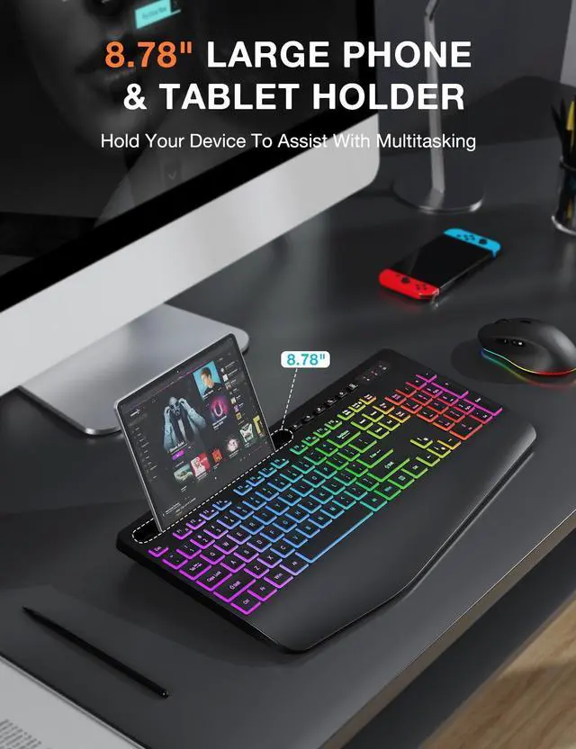 Alt view image 4 of 7 - Wireless Keyboard and Mouse Combo - 9 Backlit Effects, RGB, Ergo Wrist Rest, Phone Holder, 2.4G Full Size, Rechargeable, Sleep Mode, KM22 MAX Quiet Set for Computer, PC, Laptop, Mac, Windows-
