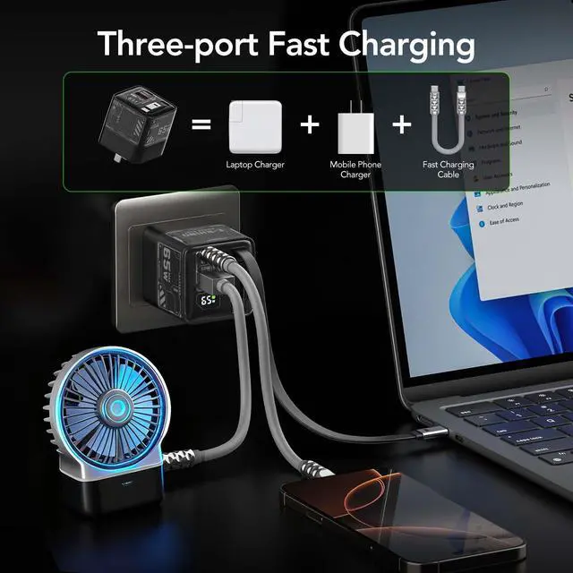 Alt view image 3 of 7 - 65W GaN Fast Wall Charger, USB C Charger Block Builtin 2.6ft Retractable USBC Cable, USBC & USBA Wall Charger with Digital Display for iPhone, iPad, MacBook, Samsung Galaxy (Matte Black)