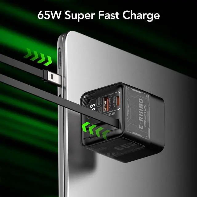 Alt view image 2 of 7 - 65W GaN Fast Wall Charger, USB C Charger Block Builtin 2.6ft Retractable USBC Cable, USBC & USBA Wall Charger with Digital Display for iPhone, iPad, MacBook, Samsung Galaxy (Matte Black)