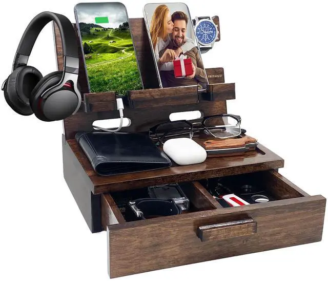 Main image of Gifts for Men Women Husband Son Boyfriend Him Nightstand Organizer Wood Phone Docking Station Birthday Gifts (Walnut)