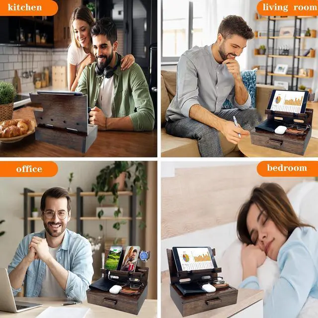 Alt view image 4 of 7 - Gifts for Men Women Husband Son Boyfriend Him Nightstand Organizer Wood Phone Docking Station Birthday Gifts (Walnut)