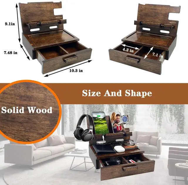 Alt view image 3 of 7 - Gifts for Men Women Husband Son Boyfriend Him Nightstand Organizer Wood Phone Docking Station Birthday Gifts (Walnut)