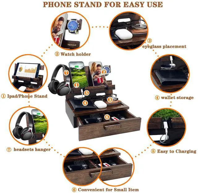 Alt view image 5 of 7 - Gifts for Men Women Husband Son Boyfriend Him Nightstand Organizer Wood Phone Docking Station Birthday Gifts (Walnut)