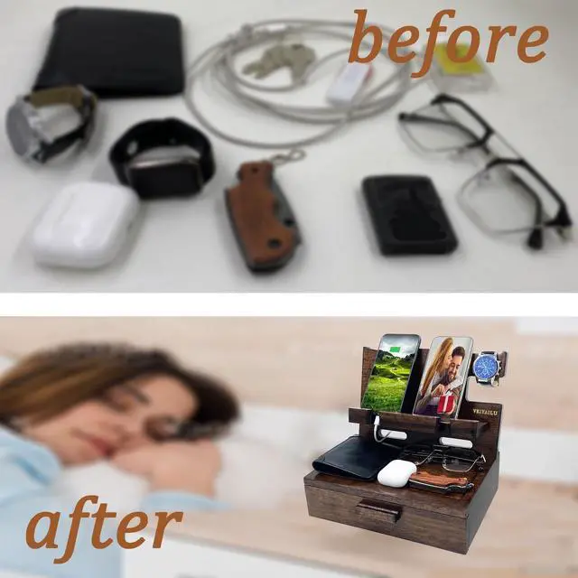 Alt view image 7 of 7 - Gifts for Men Women Husband Son Boyfriend Him Nightstand Organizer Wood Phone Docking Station Birthday Gifts (Walnut)