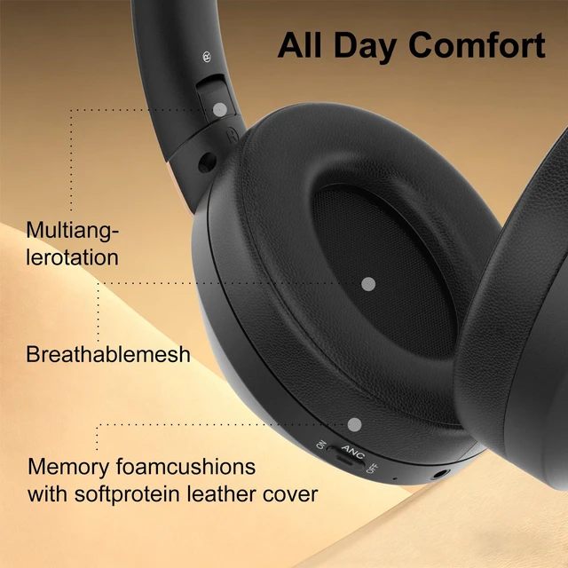 Alt view image 5 of 7 - Active Noise Cancelling Headphones, 100H Bluetooth Headphones Wireless Headphone with Microphone, Over Ear Headphones Wireless with Deep Bass, Fast Charging for Travel, Work, Study-Black