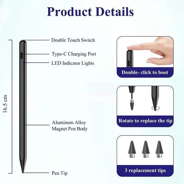 Alt view image 4 of 6 - Active Stylus Pen for Android/Samsung A9/A9+, POM Tip Phone Pencil with Magnetic, Rechargeable Fine Point Tablet Pencil for Samsung/Android/iPhone/Huawei/Switch/Vivo/Oppo/Xiaomi/Honor - Black