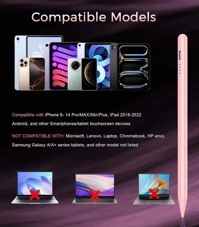 Alt view image 2 of 7 - Active Stylus Pen for Touchscreen, Universal Tablet Pencil for Apple iPad/iPhone/Samsung/Huawei/Xiaomi/Android and More Devices, Rechargeable Digital Pens with Magnetic Function - Pink