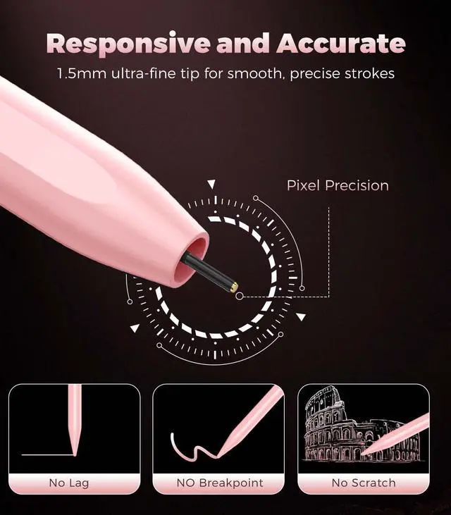 Alt view image 3 of 7 - Active Stylus Pen for Touchscreen, Universal Tablet Pencil for Apple iPad/iPhone/Samsung/Huawei/Xiaomi/Android and More Devices, Rechargeable Digital Pens with Magnetic Function - Pink