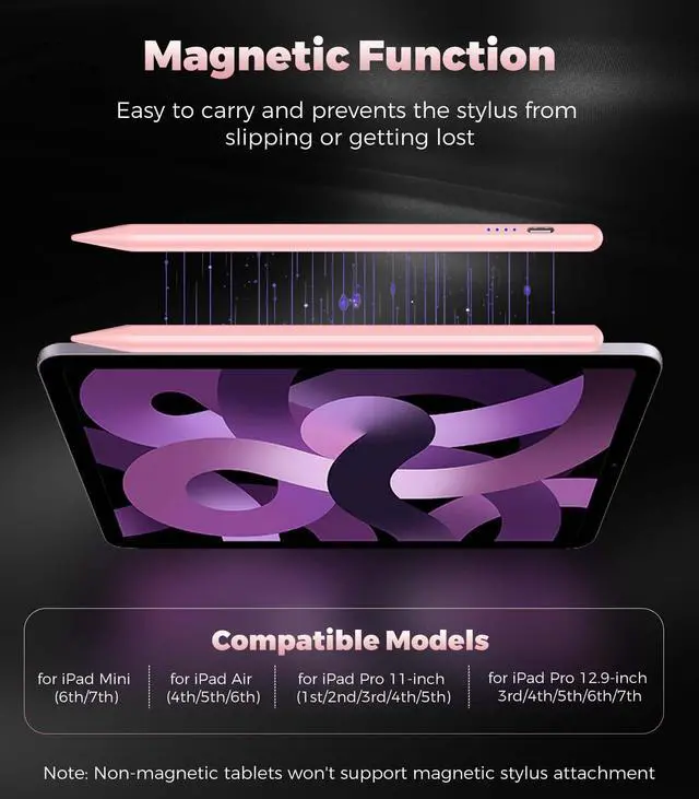 Alt view image 5 of 7 - Active Stylus Pen for Touchscreen, Universal Tablet Pencil for Apple iPad/iPhone/Samsung/Huawei/Xiaomi/Android and More Devices, Rechargeable Digital Pens with Magnetic Function - Pink