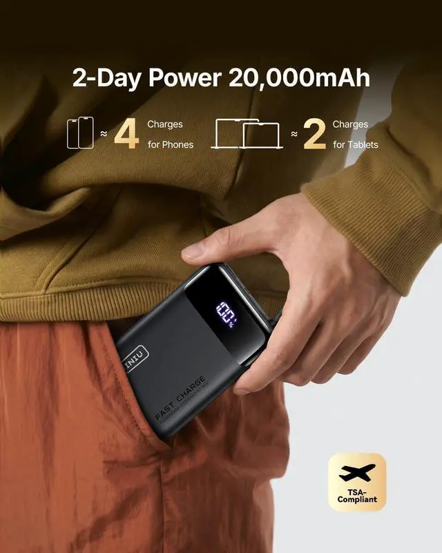 Alt view image 2 of 7 - 20000mAh Power Bank, Smaller Portable Charger, 45W PD Fast Charging Battery Pack with Build in USB C Cable, Travel Phone Charger Flight-Safe for iPhone 17 16 Samsung S26 Google iPad Xiaomi, Black