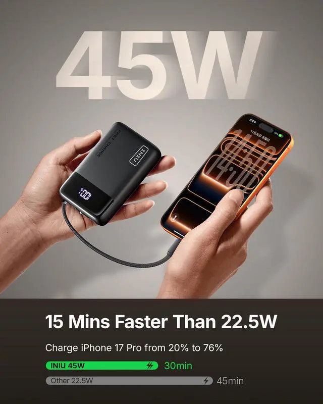 Alt view image 4 of 7 - 20000mAh Power Bank, Smaller Portable Charger, 45W PD Fast Charging Battery Pack with Build in USB C Cable, Travel Phone Charger Flight-Safe for iPhone 17 16 Samsung S26 Google iPad Xiaomi, Black