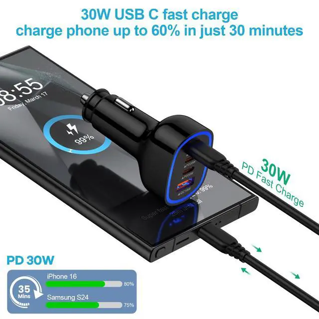 Alt view image 3 of 7 - Multi 4 Ports Fast Car Charger Adapter 12V Auto Vehicle Plug - USB C & USB A Quick Charging - Cigarette Lighter Cell Phone Automobile Charger for iPhone 17 Pro Max Air 16e 16 15 14 13 12, Samsung S26