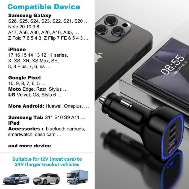 Alt view image 5 of 7 - Multi 4 Ports Fast Car Charger Adapter 12V Auto Vehicle Plug - USB C & USB A Quick Charging - Cigarette Lighter Cell Phone Automobile Charger for iPhone 17 Pro Max Air 16e 16 15 14 13 12, Samsung S26