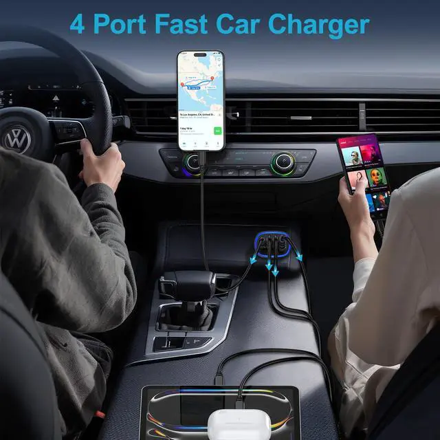 Alt view image 6 of 7 - Multi 4 Ports Fast Car Charger Adapter 12V Auto Vehicle Plug - USB C & USB A Quick Charging - Cigarette Lighter Cell Phone Automobile Charger for iPhone 17 Pro Max Air 16e 16 15 14 13 12, Samsung S26