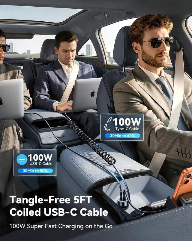 Alt view image 5 of 7 - 200W Car Charger USB C, PD100W Fast Charge w/100W Type C Fast Charging 5FT Coiled Cable, PD3.0/QC4.0/PPS Cigarette Lighter Phone Adapter for iPhone 17/16 ProMax, MacBook Pro/Air, Samsung S26/S25, iPad