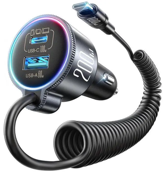 Main image of 200W Car Charger USB C, PD100W Fast Charge w/100W Type C Fast Charging 5FT Coiled Cable, PD3.0/QC4.0/PPS Cigarette Lighter Phone Adapter for iPhone 17/16 ProMax, MacBook Pro/Air, Samsung S26/S25, iPad