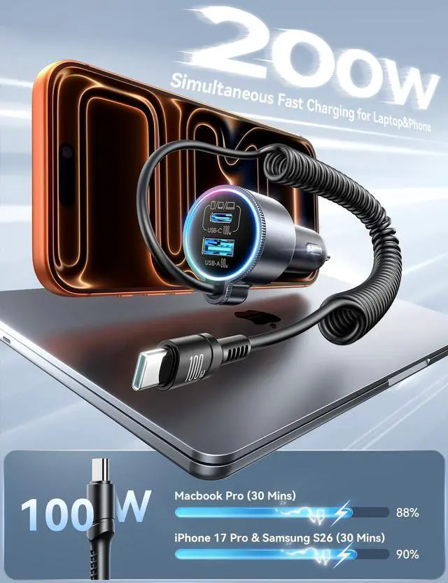 Alt view image 2 of 7 - 200W Car Charger USB C, PD100W Fast Charge w/100W Type C Fast Charging 5FT Coiled Cable, PD3.0/QC4.0/PPS Cigarette Lighter Phone Adapter for iPhone 17/16 ProMax, MacBook Pro/Air, Samsung S26/S25, iPad
