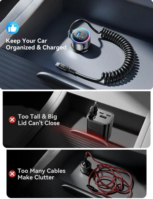 Alt view image 7 of 7 - 200W Car Charger USB C, PD100W Fast Charge w/100W Type C Fast Charging 5FT Coiled Cable, PD3.0/QC4.0/PPS Cigarette Lighter Phone Adapter for iPhone 17/16 ProMax, MacBook Pro/Air, Samsung S26/S25, iPad
