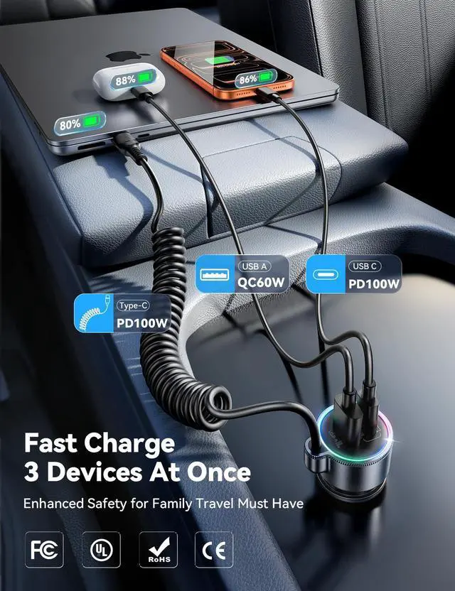 Alt view image 4 of 7 - 200W Car Charger USB C, PD100W Fast Charge w/100W Type C Fast Charging 5FT Coiled Cable, PD3.0/QC4.0/PPS Cigarette Lighter Phone Adapter for iPhone 17/16 ProMax, MacBook Pro/Air, Samsung S26/S25, iPad