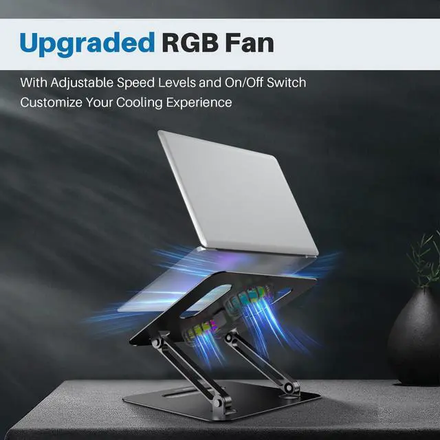 Alt view image 2 of 6 - Adjustable Laptop Cooling Stand with 2 Quiet Fans & RGB Lighting, Aluminum Alloy & Foldable Ergonomic Design for MacBook, Lenovo, ASUS, Dell 10-16 Inch, Perfect for Gaming, DJ, Office - Black