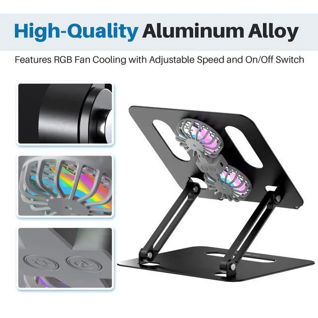 Alt view image 3 of 6 - Adjustable Laptop Cooling Stand with 2 Quiet Fans & RGB Lighting, Aluminum Alloy & Foldable Ergonomic Design for MacBook, Lenovo, ASUS, Dell 10-16 Inch, Perfect for Gaming, DJ, Office - Black
