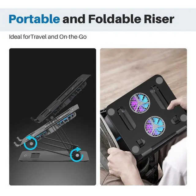 Alt view image 4 of 6 - Adjustable Laptop Cooling Stand with 2 Quiet Fans & RGB Lighting, Aluminum Alloy & Foldable Ergonomic Design for MacBook, Lenovo, ASUS, Dell 10-16 Inch, Perfect for Gaming, DJ, Office - Black